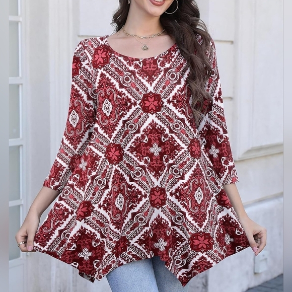 Women's 3/4 Sleeve Casual Flowy Loose Fit Swing Top Tunic, Wine Red Pattern - Picture 4 of 10